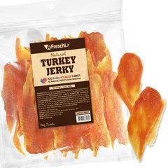 Afreschi Turkey Jerky bag showing a wholesome USA-sourced dog treat option for training rewards.