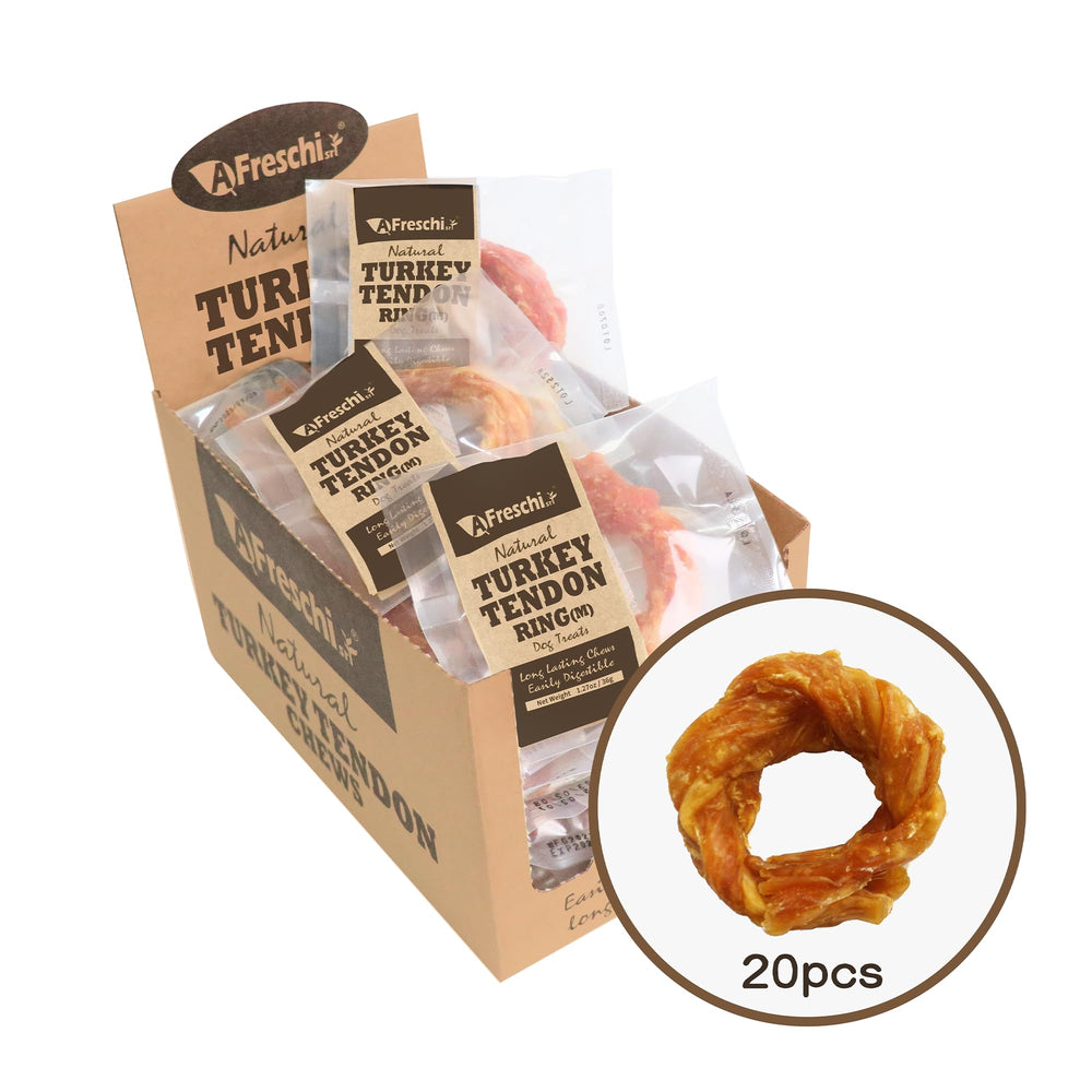 AFreschi turkey tendons for dogs usa-sourced packaging close-up, highlighting long-lasting chews.
