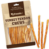 AFreschi Turkey Tendons pack front showing USA-sourced, high-protein dog treats for training rewards.