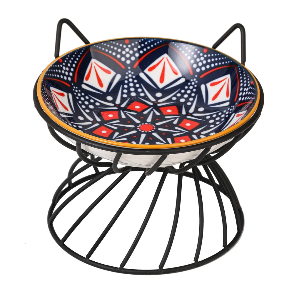AHX raised ceramic cat bowl with metal stand, front view, ergonomic height for easy swallowing.