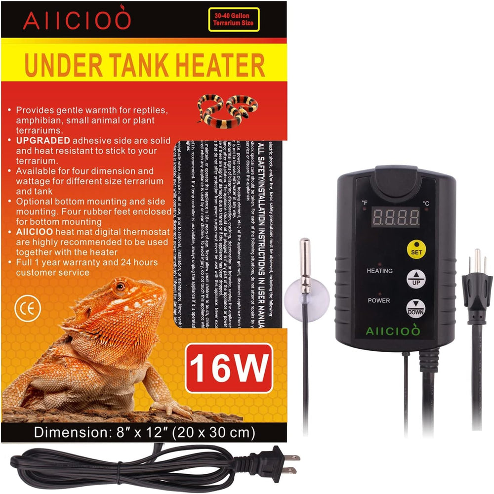 Aiicioo under-tank heater thermostat 16W delivers steady warmth for reptile terrariums.