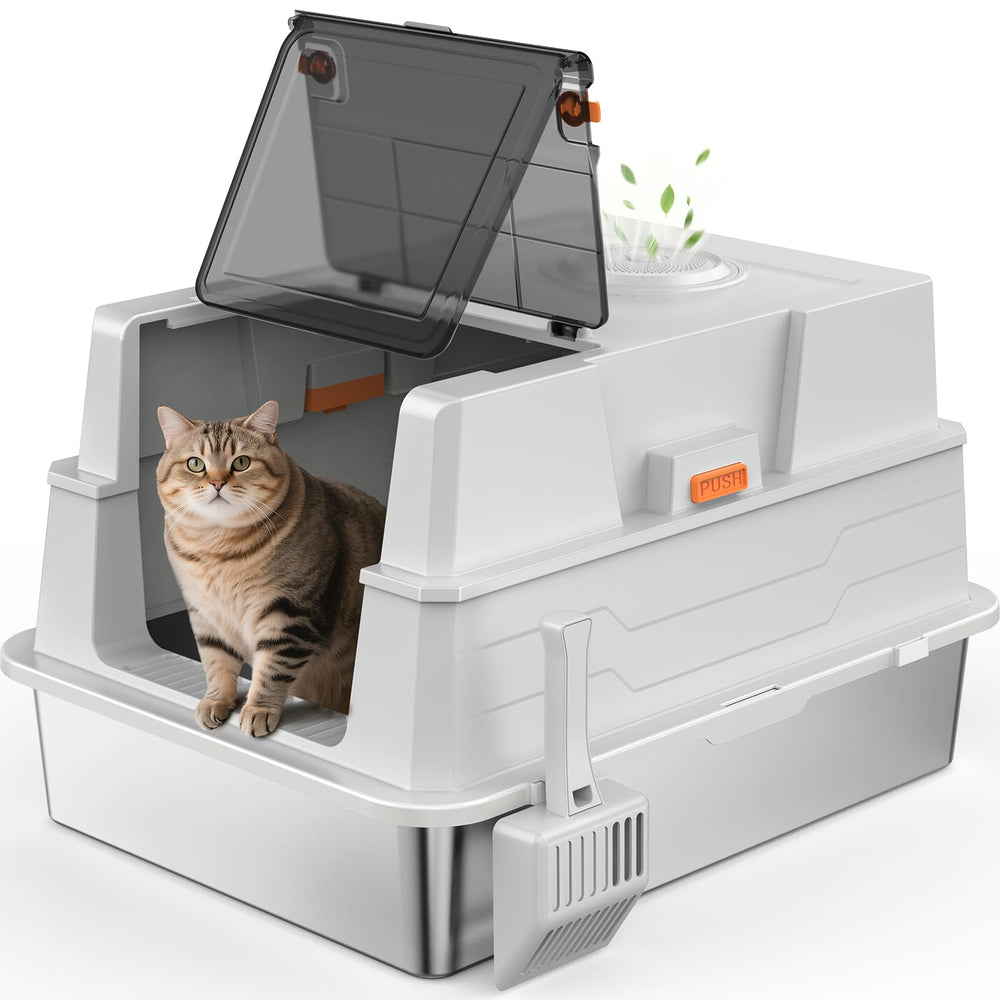 AIPERRO extra-large enclosed stainless steel litter box with lid and flip-top for easy scooping.
