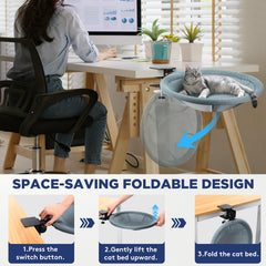 AIPERRO Foldable Cat Desk Bed edge-attachment demonstrates secure desk mounting for an attentive cat.