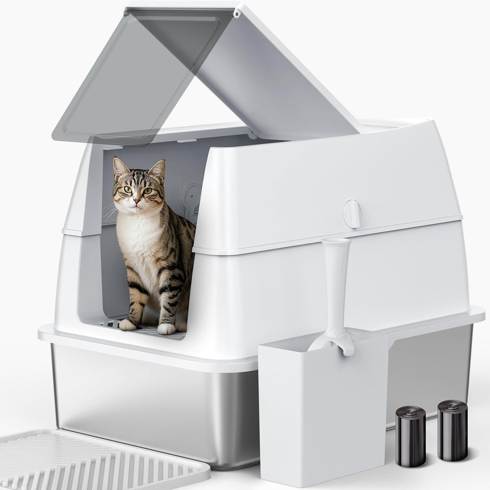 AIPERRO stainless steel litter box with lid shown, enabling easy scooping and secure containment.