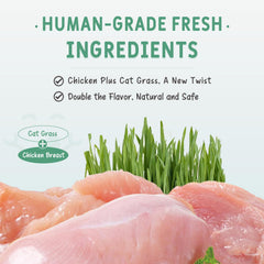 AIPETI ingredients closeup with 100% pure chicken and cat grass for cats