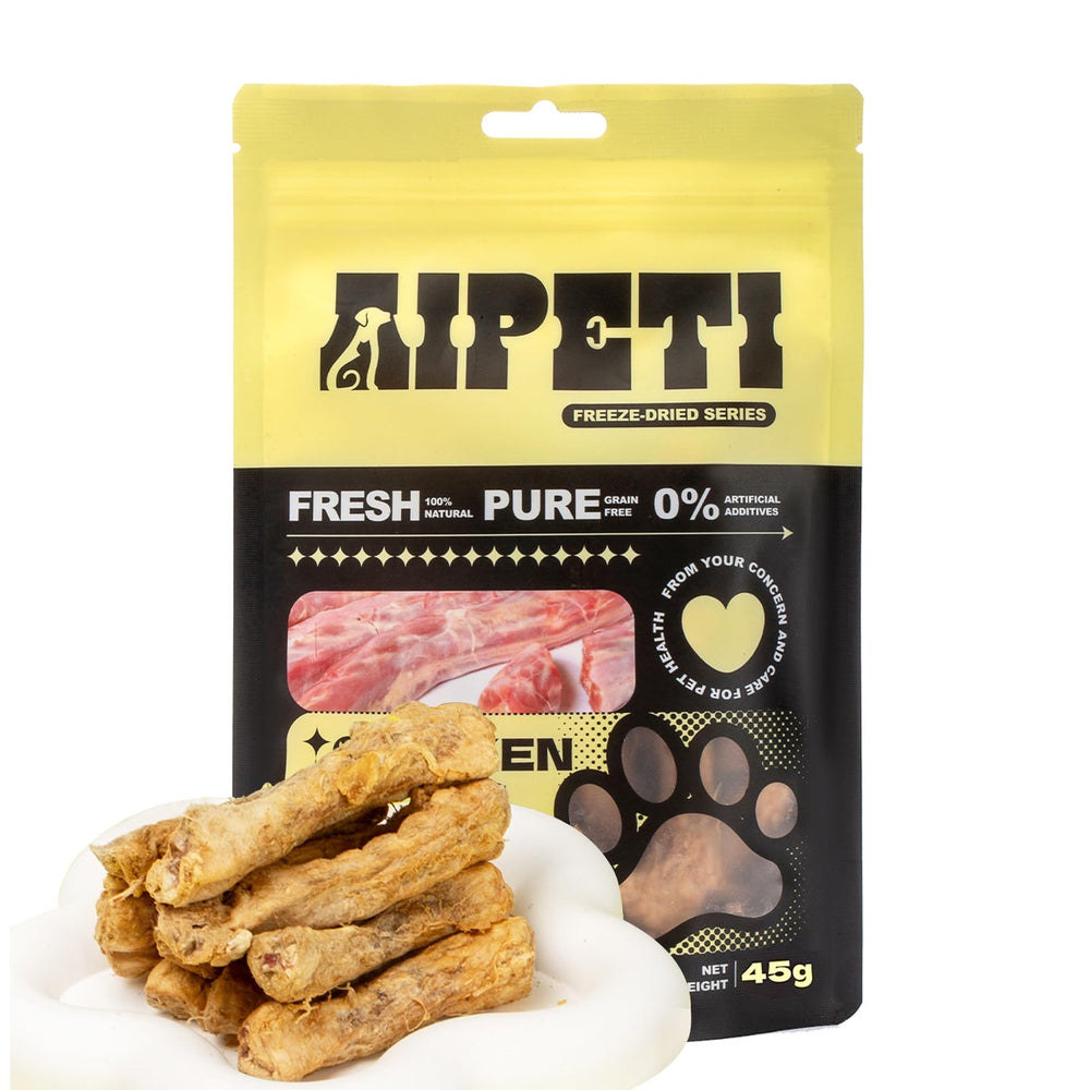 AIPETI freeze-dried chicken necks pack shot—premium single-ingredient treats for dogs and cats