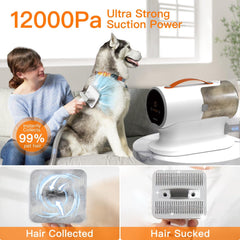 AIRROBO dog grooming vacuum kit 12000pa suction in action reduces pet hair spread.