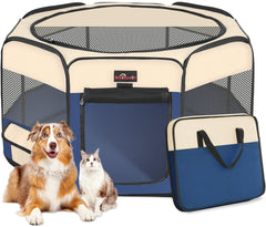 Aivituvin dog playpen blue front view with breathable mesh for cooling playtime