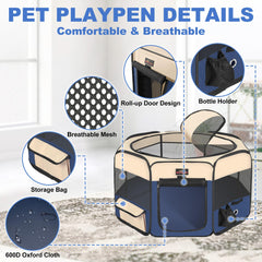 Aivituvin dog playpen blue side view showing sturdy corners for versatile use