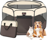 Aivituvin dog playpen folded with carrying bag for easy travel and storage.