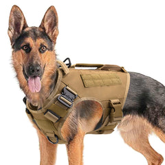 AIWAI tactical dog backpack harness with side bags in khaki for service and training uses.
