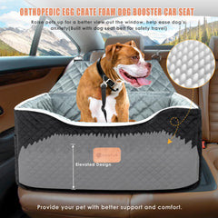 AlfaTok booster seat installed on back seat demonstrates secure harness tether and safe travel.