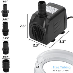 Alizzy 400GPH pump side detail, emphasizes high lift potential for taller setups.