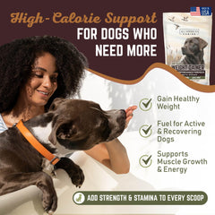 All American Canine weight gainer scoop beside powder for easy serving.