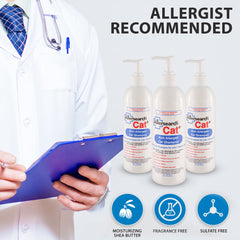 Allersearch Cat+ Anti-Allergen rinse scene emphasizes thorough rinsing and residue removal