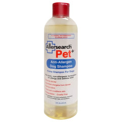 Allersearch Pet+ dog shampoo bottle 16oz for gentle allergen washing and odor control.