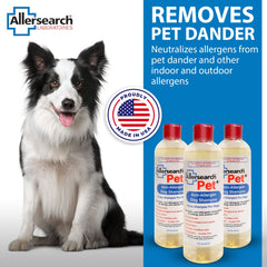 Allersearch Pet+ shampoo on damp fur shows easy rinse-out and dander removal.