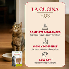 Almo Nature HQS cat-food-closeup-ingredients spotlights chicken as first ingredient.