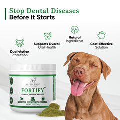 Alpha Dog Nutrition powder sprinkled over dog food for easy daily dental care