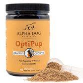 Alpha Dog Nutrition OptiPup bottle close-up highlighting puppy growth support.