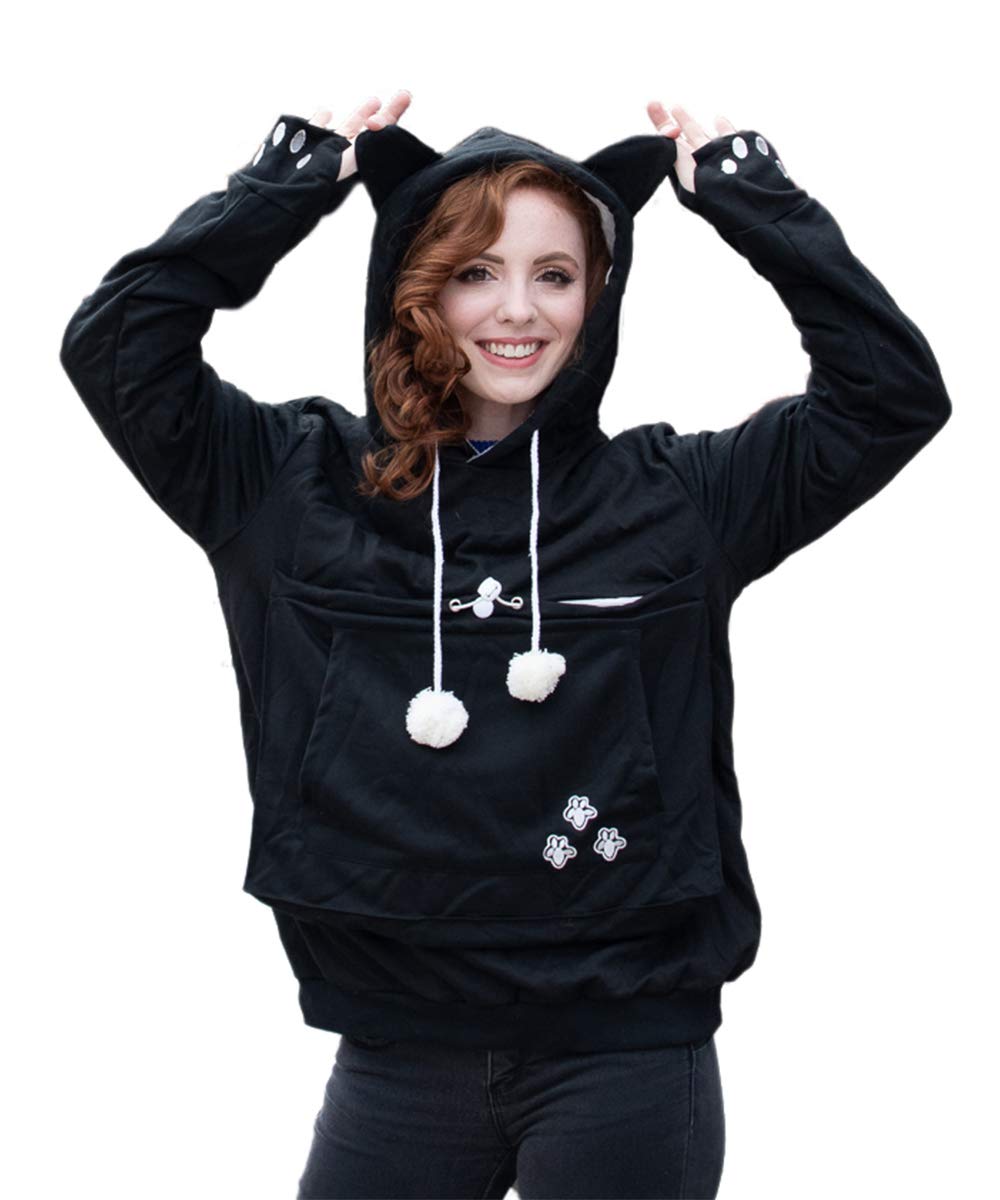 ALYC hoodie pet holder with large fur-lined pouch shown for cozy home use.