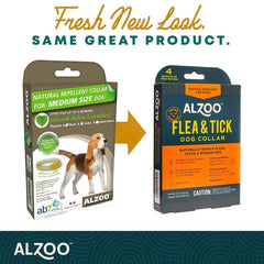 ALZOO collar close-up highlighting cedarwood and peppermint ingredients for repelling pests.
