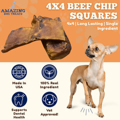 Amazing Dog Treats Beef Cheek Chip Squares closeup shows thick-cut texture ready to chew.