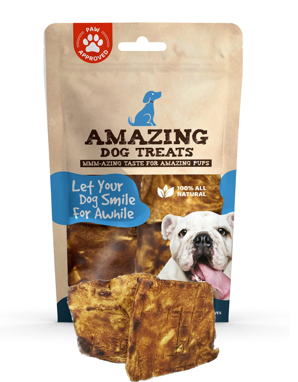 Amazing Dog Treats Beef Cheek Chip Squares packaging highlights a no-odor rawhide alternative.