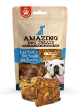 Amazing Dog Treats Beef Cheek Chip Squares packaging highlights a no-odor rawhide alternative.