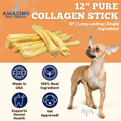 Amazing Dog Treats beef cheek rolls 12in image highlighting long-lasting chew and high-protein benefits.