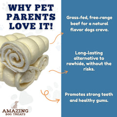 Amazing Dog Treats beef cheek rolls retriever roll display supports focused chewing.