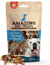 Amazing Dog Treats bully-stick bites unopened bag on shelf, showcasing wholesome, protein-rich chews.