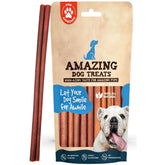 Amazing Dog Treats collagen stick 12-inch pack, packaging visible for convenient five-count chews.