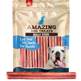 Amazing Dog Treats medium bully sticks closeup show a durable chew for lasting dog entertainment.
