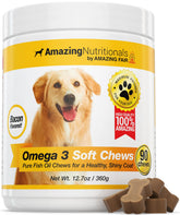Amazing Nutritionals Amazing Omega-3 for Dogs bacon soft chews bottle supports coat health.