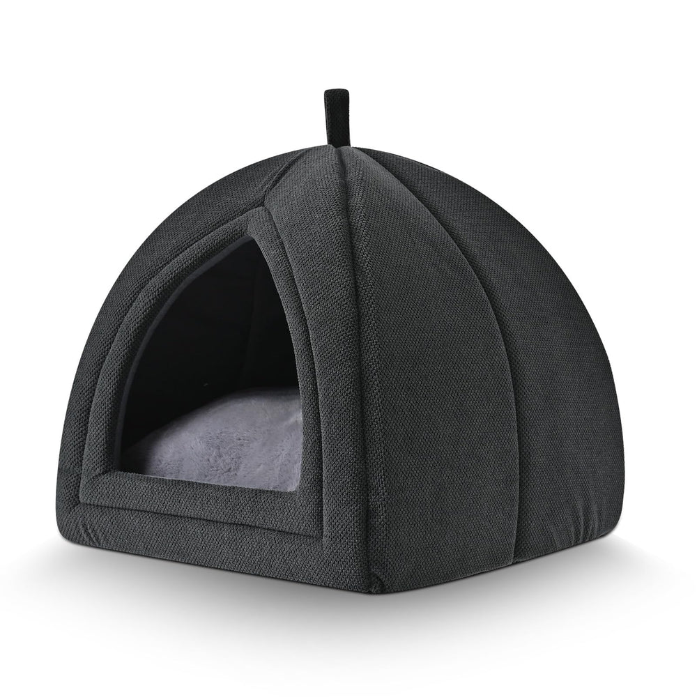 Amazon Basics Cat Cave Bed open resting area invites cat to stretch and relax.
