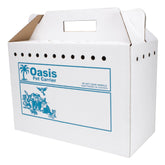 American Health Service disposable cardboard pet carrier case assembled for quick shelter transport.