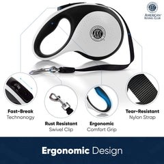 American Kennel Club retractable leash grip close-up showcases ergonomic, non-slip handle for comfortable all-day walks.