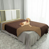 Ameritex waterproof dog bed cover on sofa protecting upholstery from spills.