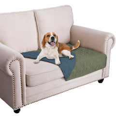 Ameritex waterproof dog bed cover on sofa protects against spills and pet messes.