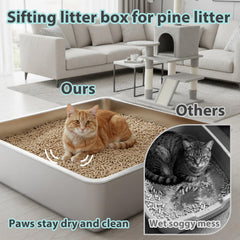 Amibud stainless steel sifting litter box with non-stick surface for easy cleaning and odor control.