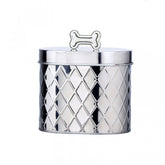Amici Pet Chance oval metal treat canister with diamond texture for organized storage.