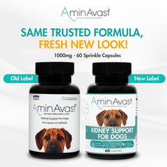 AminAvast dog kidney supplement capsules closeup—easy to sprinkle