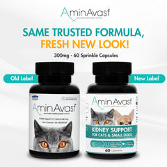 AminAvast bottle with capsules being poured, convenient and shelf-stable for ongoing pet health.