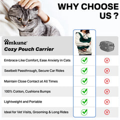 Amkune Cozy Travel Cat Carrier Pouch seatbelt passthrough enables secure car travel