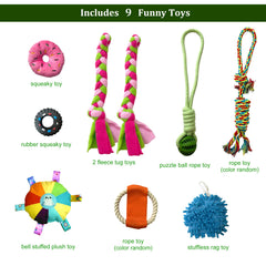 Amlmpet Puppy Play Gym close-up of nine toys encouraging playful learning.