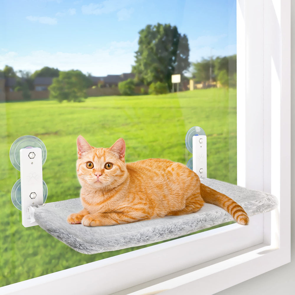AMOSIJOY cordless cat window perch side view highlights sturdy metal frame and four suction cups.