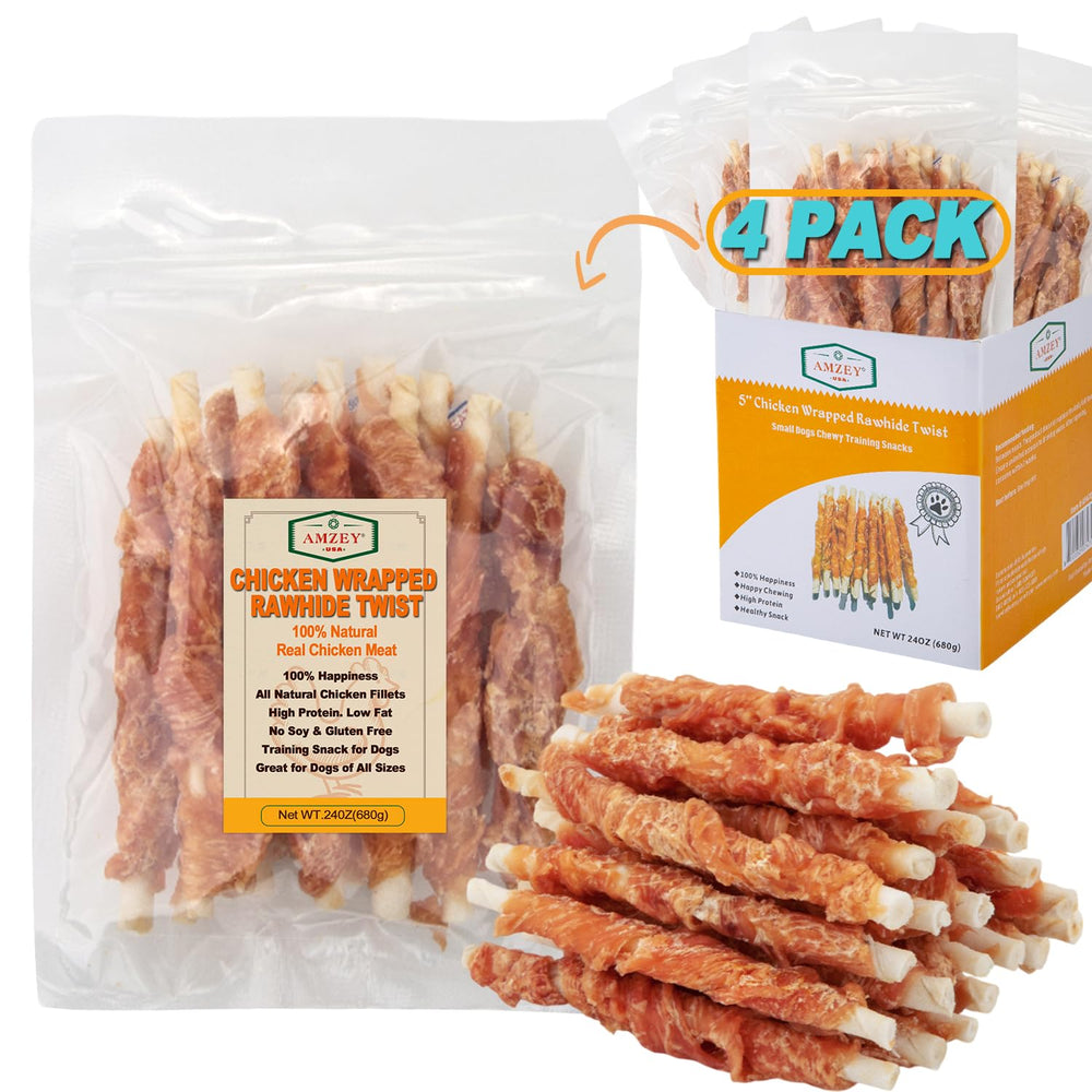 Amzey 24oz chicken wrapped rawhide twists front-of-bag view supports on-the-go rewards.