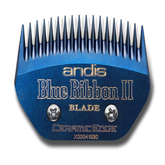 Andis Blue Ribbon II blocking blade in busy grooming session delivering clean blocking strokes.