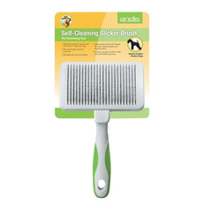 Andis long-curved stainless steel bristles image highlights safe undercoat detangling.